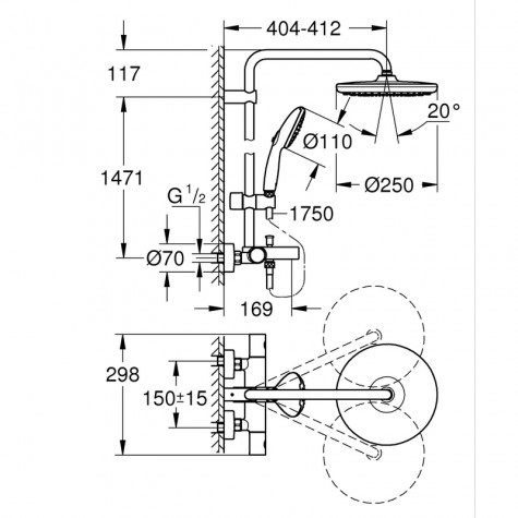 Душевая система настенного монтажа Grohe Tempesta System 250 с термостатом для ванны (26672001)