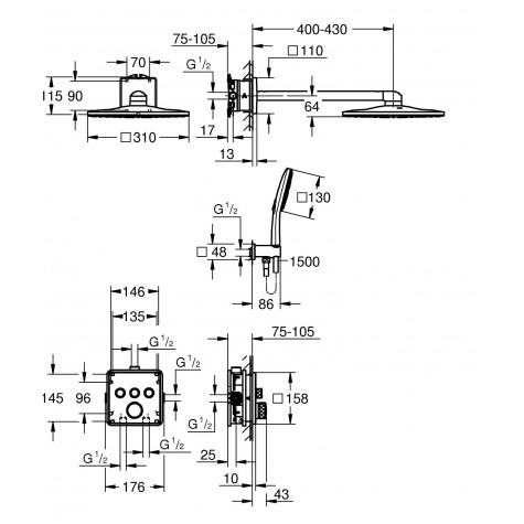 Душова система прихованого монтажу на 3 виходи з термостатом Grohe Grohtherm SmartControl (34864000