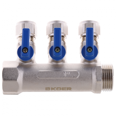 Коллектор с шаровыми кранами и фитингом Koer KR.1126-3 1"x3 ways (KR2839) Коллектор с шаровыми кранами и фитингом Koer KR.1126-3 1"x3 ways (KR2839)