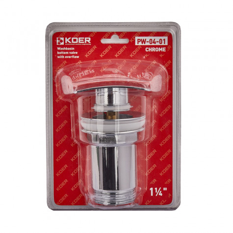 Донний клапан для раковини з переливом Koer PW-04-01 автоматичний (Click-Clack) (Колір хром) 1 1/4'