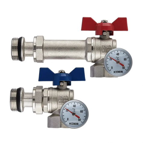 Комплект кранов Koer Set-26 – 1" с разъемным соединением и термометром для коллекторной группы (KR547