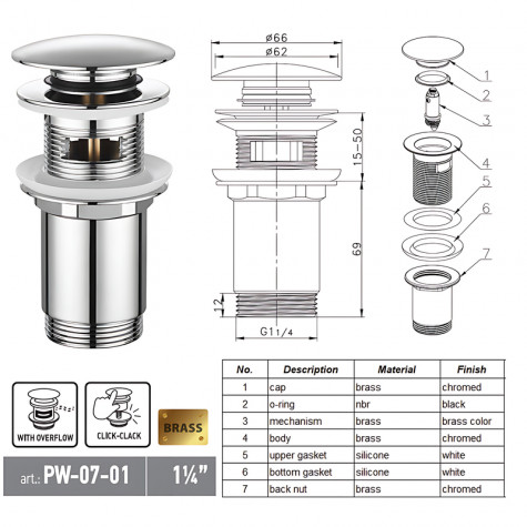 Донний клапан для раковини Koer PW-07-01 1 1/4'' з переливом автоматичний СLICK-СLACK (Колір хром)