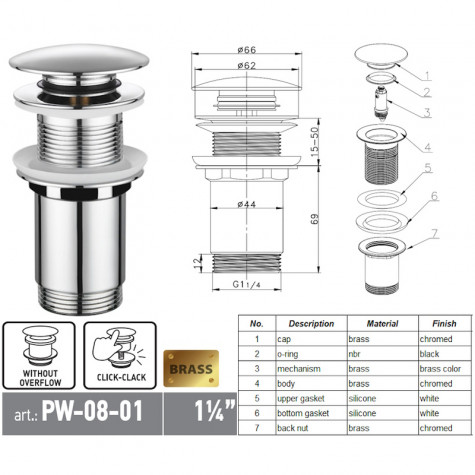 Донний клапан для раковини Koer PW-08-01 1 1/4''  без переливу автоматичний СLICK-СLACK (Колір хром