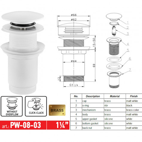 Донний клапан для раковини Koer PW-08-03 1 1/4''  без переливу автоматичнийСLICK-СLACK (Колір білий