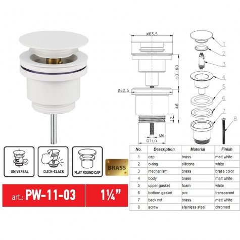 Донний клапан для раковини Koer PW-11-03 1 1/4''  універсальний (з/без перел) СLICK-СLACK (Колір бі