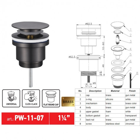 Донний клапан для раковини Koer PW-11-07 1 1/4''  універсальний (з/без перел) СLICK-СLACK (Колір гр