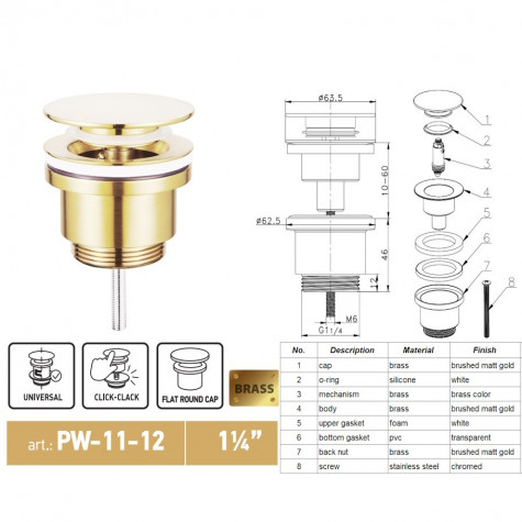 Донний клапан для раковини Koer PW-11-12 1 1/4''  універсальний (з/без перел) СLICK-СLACK (Колір зо