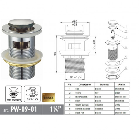 Донний клапан для раковини Koer PW-09-01 1 1/4'' з переливом автоматичний СLICK-СLACK (Колір хром)