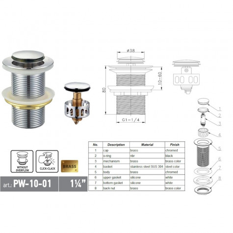 Донний клапан для раковини Koer PW-10-01 1 1/4''  без переливу автоматичний СLICK-СLACK (Колір хром