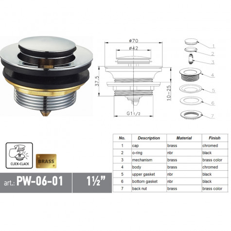 Донний клапан для ванни Koer PW-06-01 1 1/2'' автоматичний СLICK-СLACK (Колір хром) (KR5799)