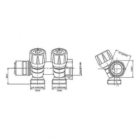 Коллектор с регулирующими вентилями на 2 исх. Roho R809-02 – 3/4"x3/4" EK (RO0249) Коллектор с регулирующими вентилями на 2 исх. Roho R809-02 – 3/4"x3/4" EK (RO0249)