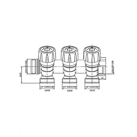 Коллектор с регулирующими вентилями на 3 исх. Roho R809-03 – 3/4&x3/4" EK (RO0250) Коллектор с регулирующими вентилями на 3 исх. Roho R809-03 – 3/4&x3/4" EK (RO0250)