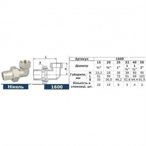 Згін-американка кутовий SOLOMON 1 1/4″ НІКЕЛЬ 1600