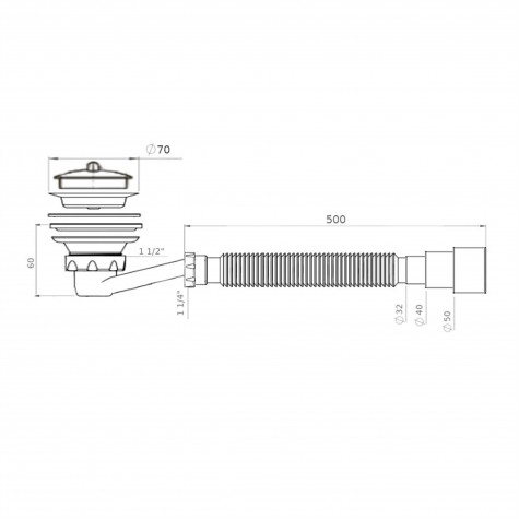 Сифон Waterstal  SE 3860 для душ. піддона 1 1/2″ низький з гофрою 32х32/40/50