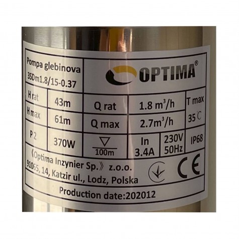 Свердловинний насос з підв, стійк, до піску 3″ OPTIMA 3SDm1,8/15 0,37 кВт 61м +пульт+кабель 35м NEW